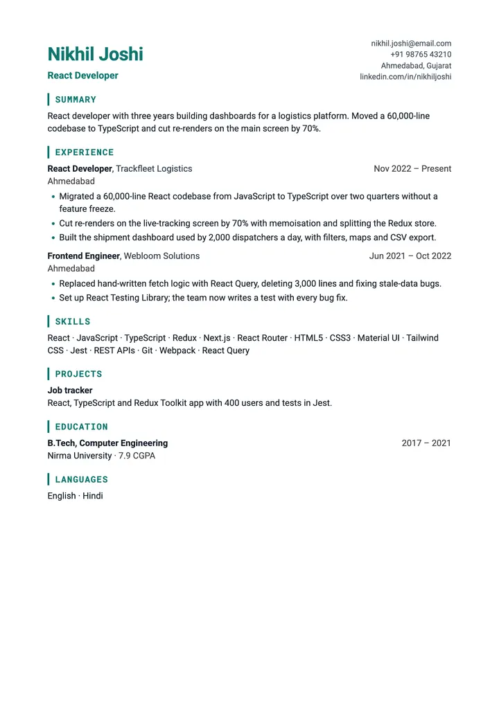 Sample React Developer resume in the Stack template, one A4 page
