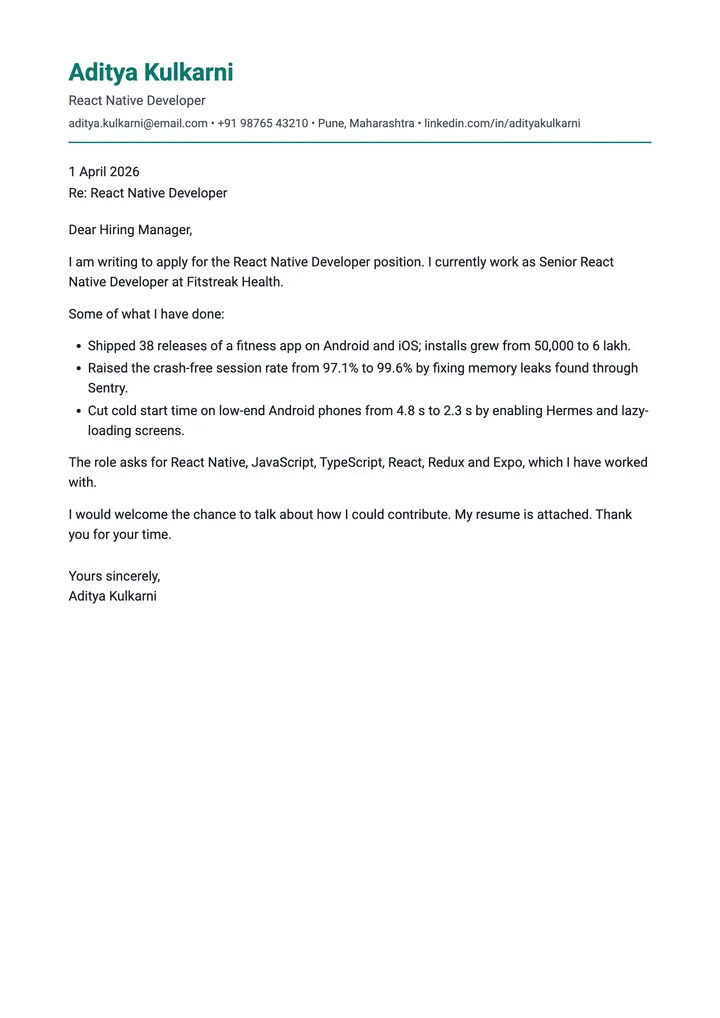 Sample React Native Developer cover letter, one A4 page