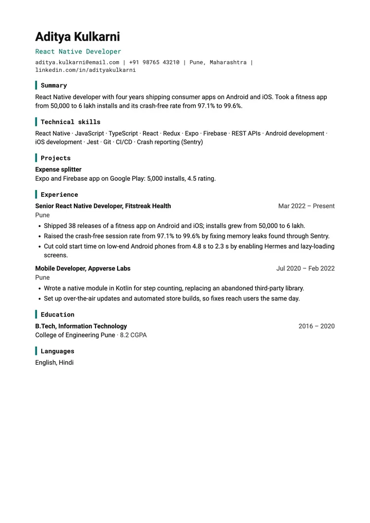 Sample React Native Developer resume in the Technical template, one A4 page