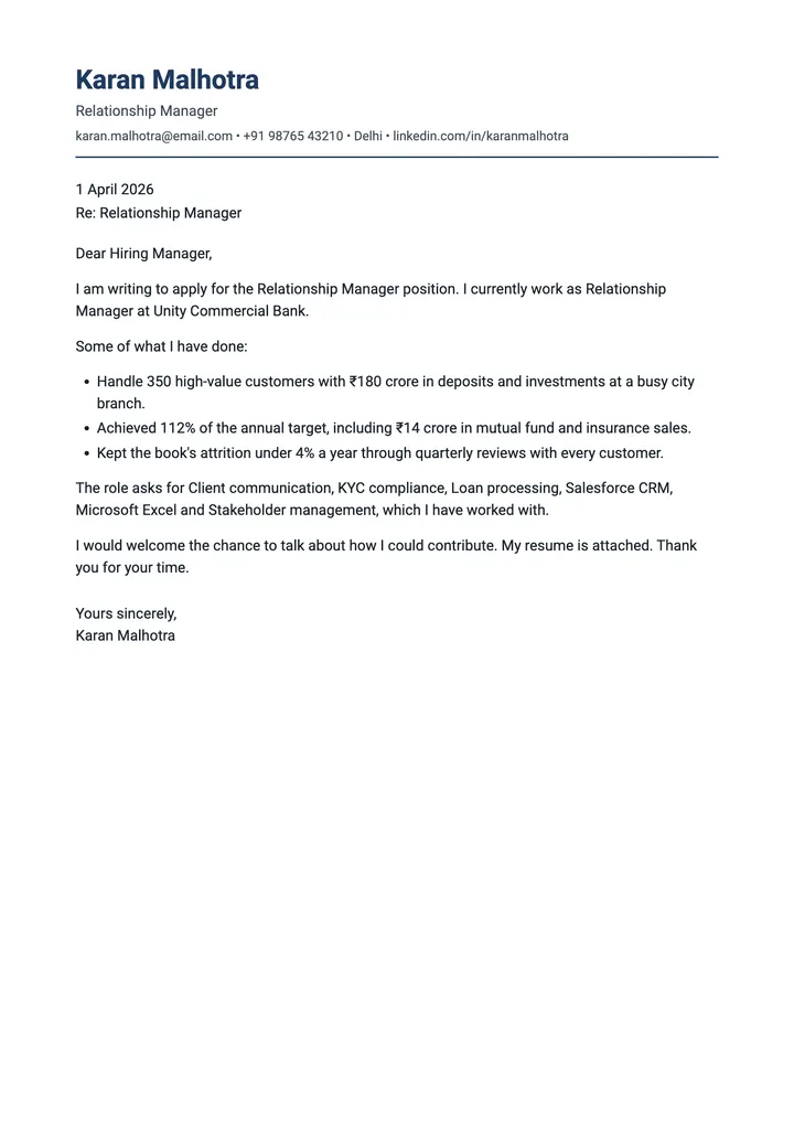 Sample Relationship Manager cover letter, one A4 page
