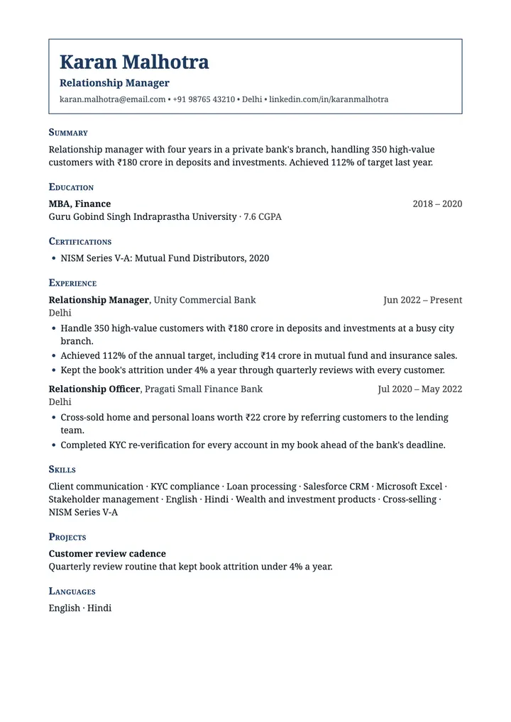 Sample Relationship Manager resume in the Banking template, one A4 page