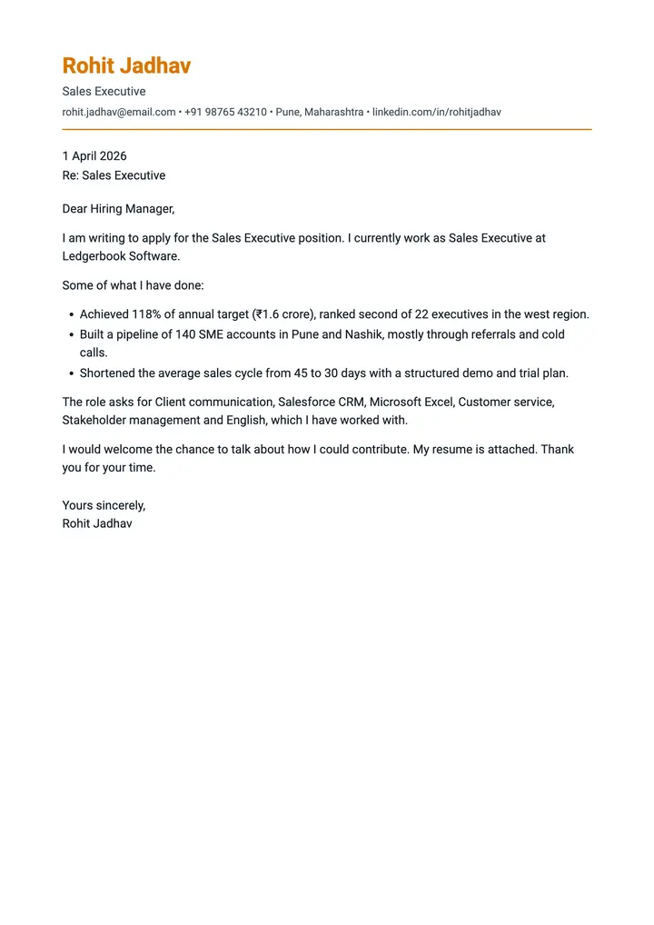 Sample Sales Executive cover letter, one A4 page