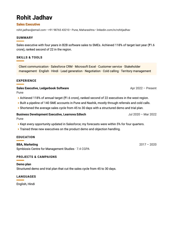 Sample Sales Executive resume in the Impact template, one A4 page