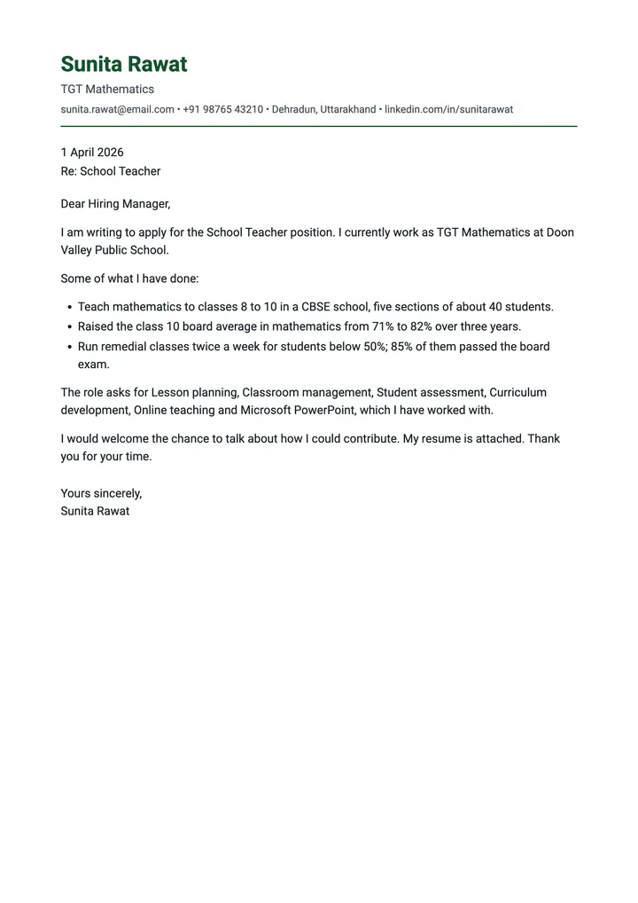 Sample School Teacher cover letter, one A4 page