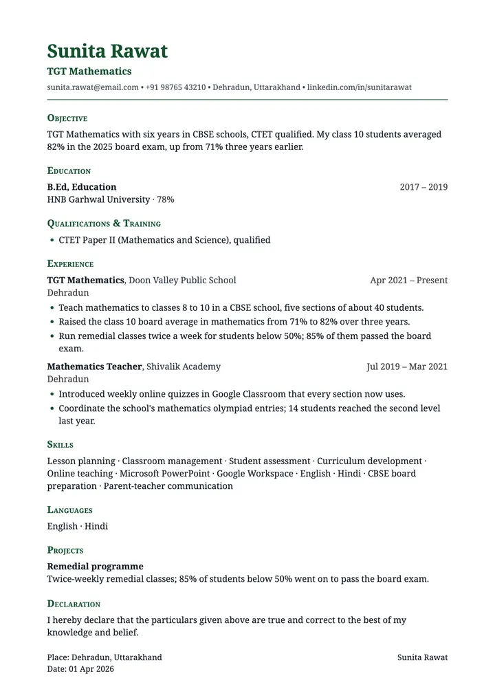 Sample School Teacher resume in the Teaching template, one A4 page