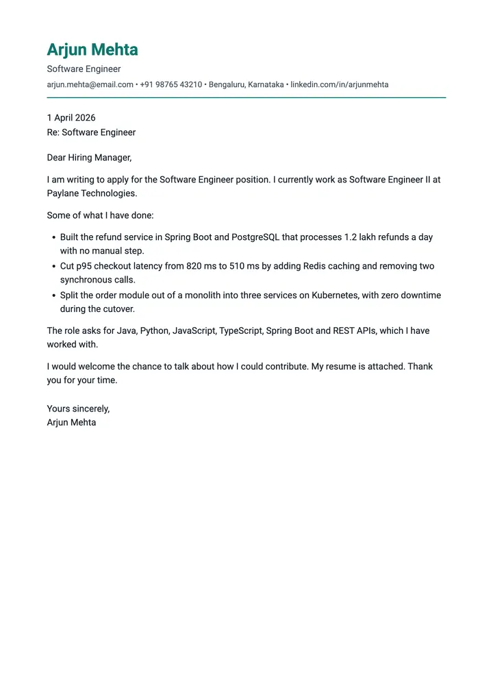 Sample Software Engineer cover letter, one A4 page