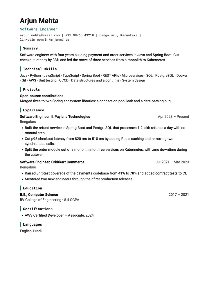 Sample Software Engineer resume in the Technical template, one A4 page