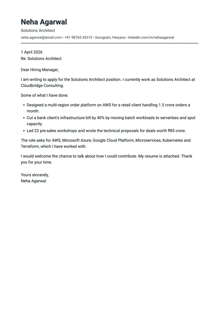 Sample Solutions Architect cover letter, one A4 page