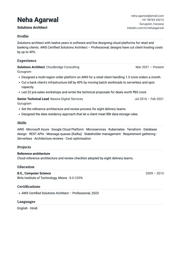 Sample Solutions Architect resume in the Consulting template, one A4 page