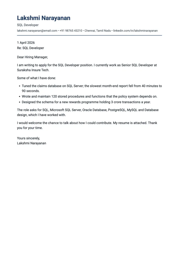Sample SQL Developer cover letter, one A4 page