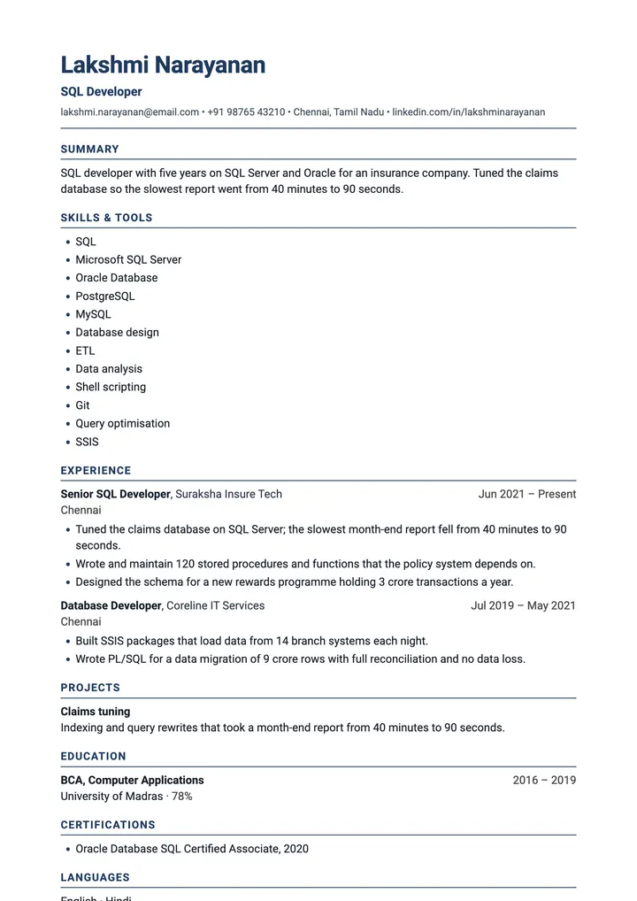 Sample SQL Developer resume in the Analytics template, one A4 page