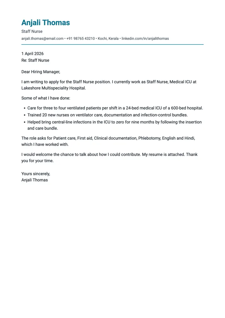 Sample Staff Nurse cover letter, one A4 page