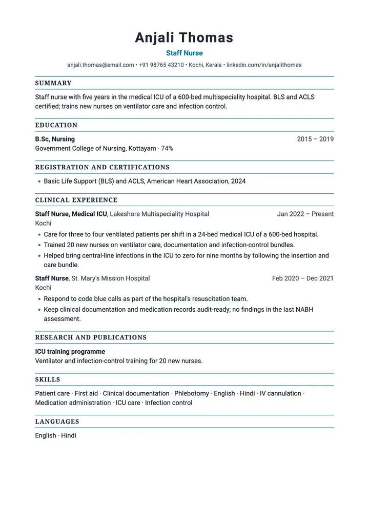 Sample Staff Nurse resume in the Medical template, one A4 page