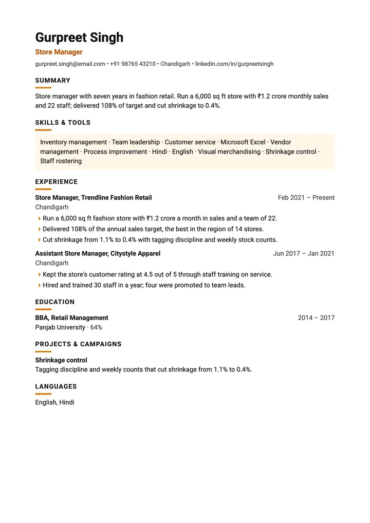 Sample Store Manager resume in the Impact template, one A4 page