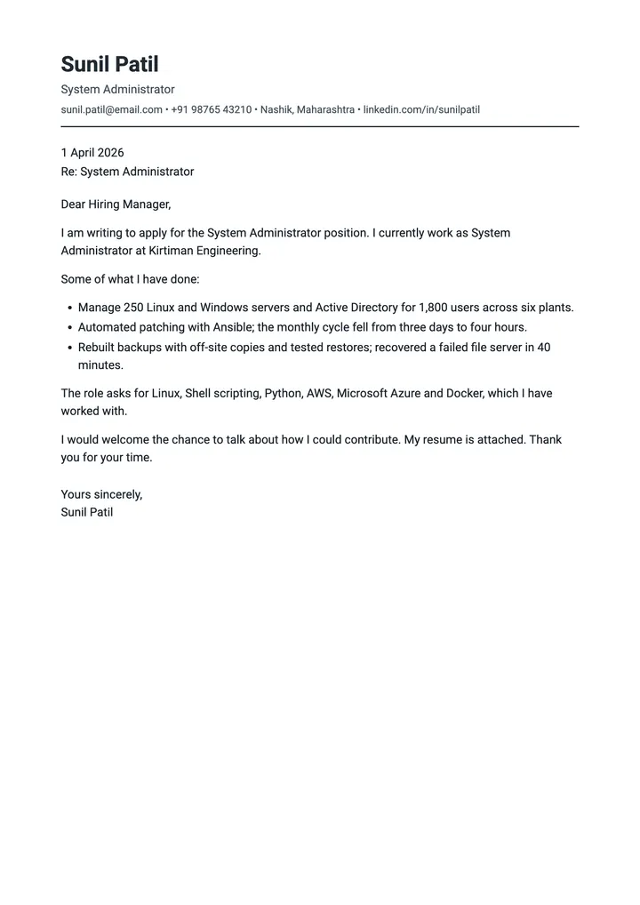 Sample System Administrator cover letter, one A4 page
