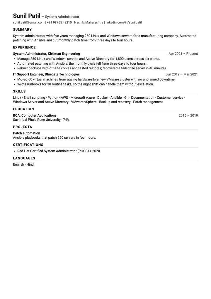 Sample System Administrator resume in the Compact template, one A4 page