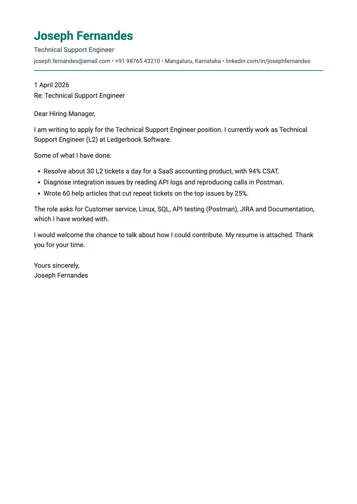 Sample Technical Support Engineer cover letter, one A4 page