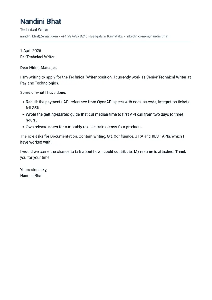 Sample Technical Writer cover letter, one A4 page