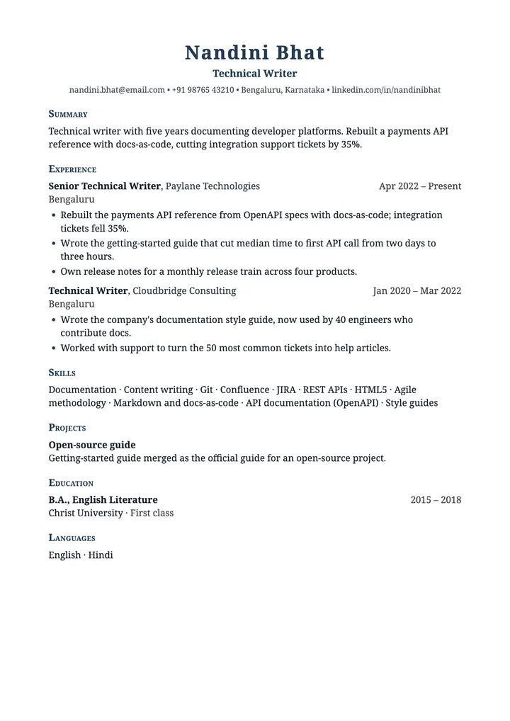 Sample Technical Writer resume in the Refined template, one A4 page