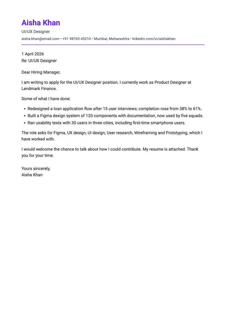 Sample UI/UX Designer cover letter, one A4 page