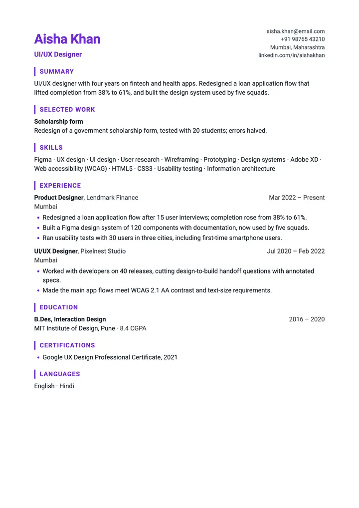 Sample UI/UX Designer resume in the Portfolio template, one A4 page