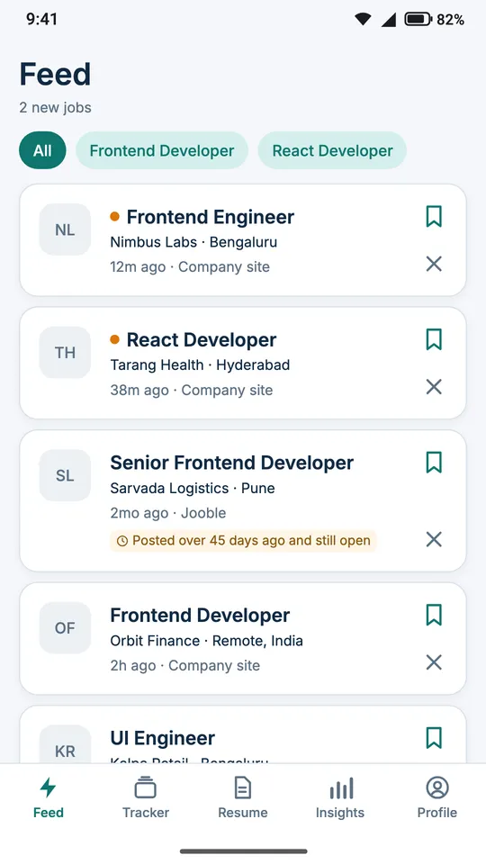 Job feed with the newest openings first, from company career sites and job boards