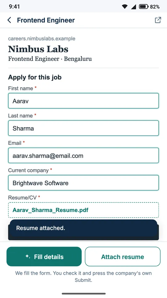An employer's application form filled from the resume, with Submit left to the user