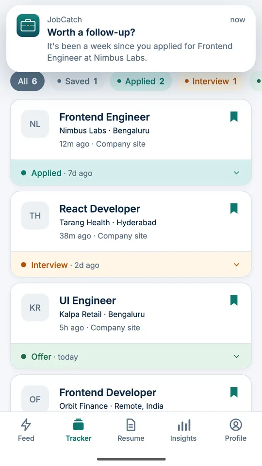 Job application tracker with Saved, Applied, Interview and Offer columns
