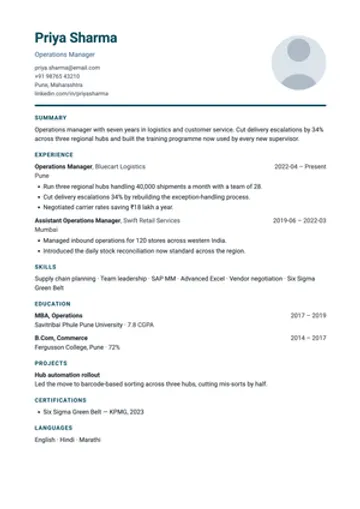 Profile resume template: Round photo, clean and modern. The normal choice for private-sector India.
