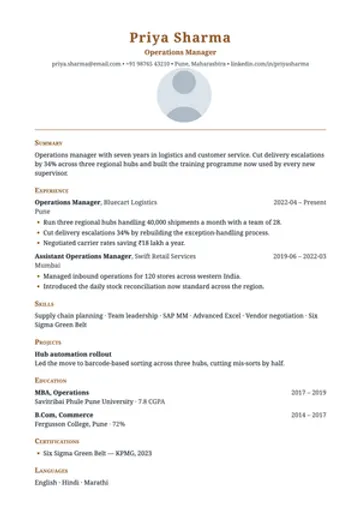 Reception resume template: Warm, centred, with a round photo.